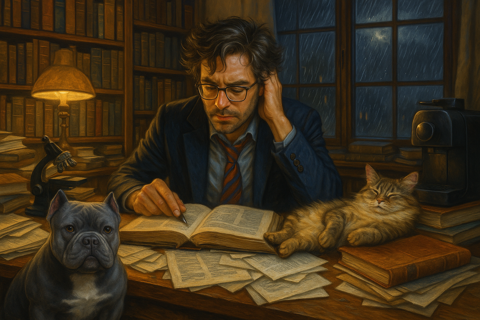 Dr. Montgomery em seu escritório com seu gato e buldogue francês